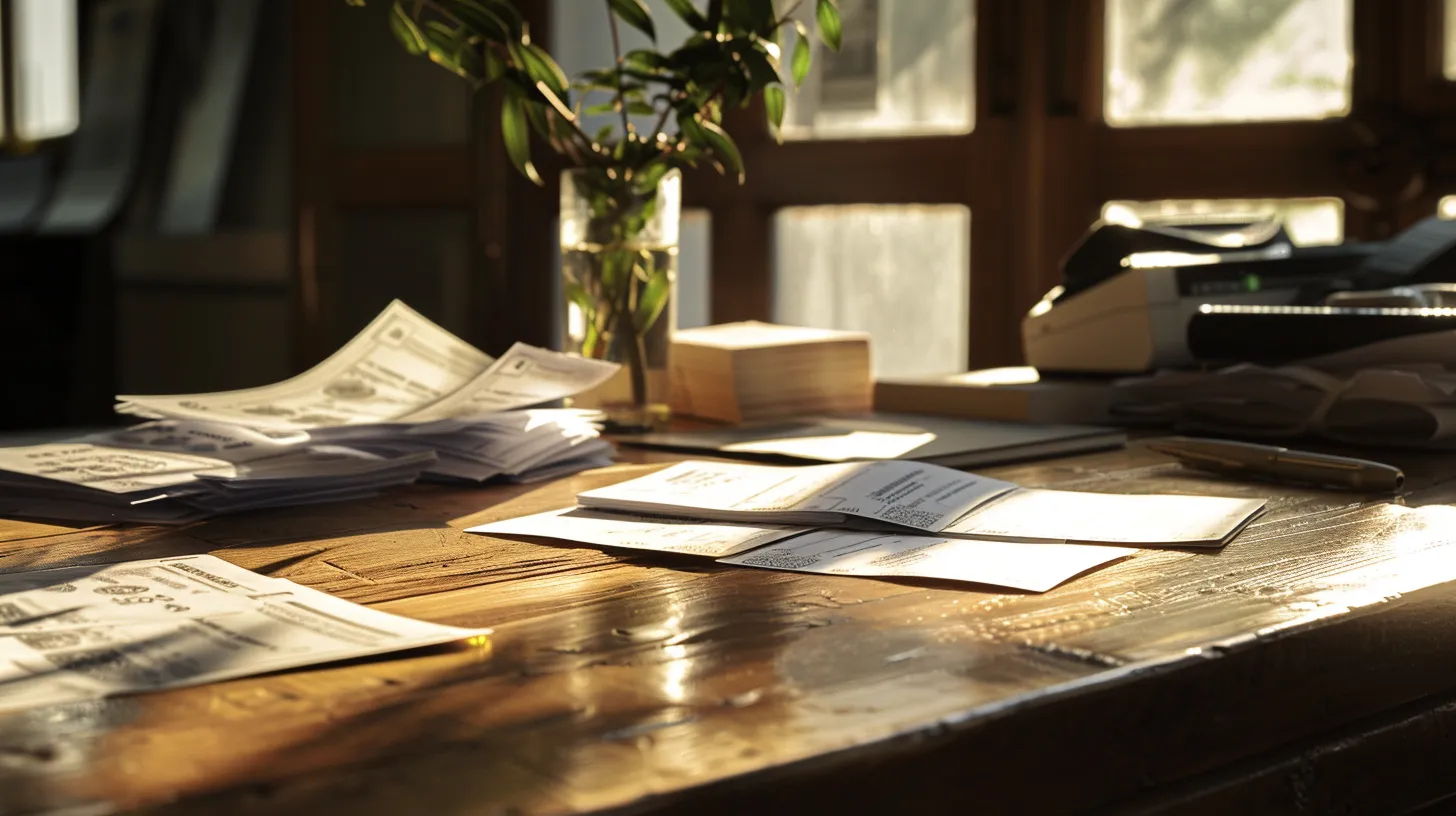 a vibrant scene capturing an array of business and personal cheques elegantly arranged on a polished wooden desk, illuminated by soft, natural light filtering through a nearby window.