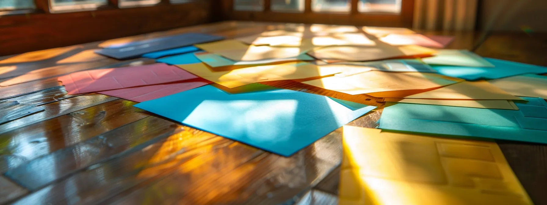 a vibrant scene showcasing an array of colorful cheques sprawled thoughtfully across a polished wooden desk, illuminated by soft, natural light, with their elegant designs and varied textures creating a striking visual contrast.