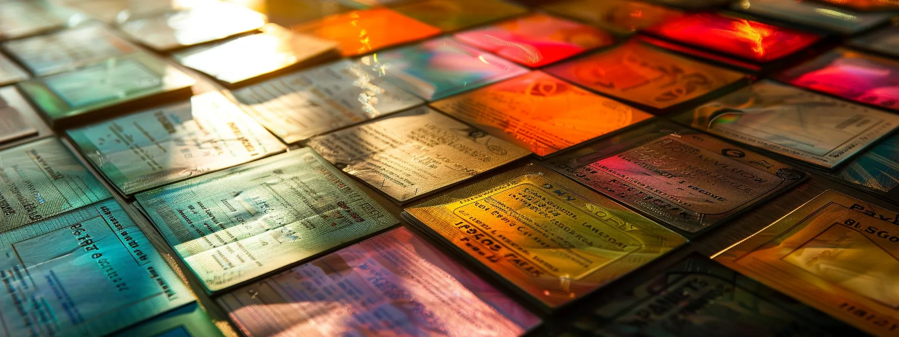 a vibrant, well-organized desk showcasing an array of colorful business and personal cheques neatly arranged, illuminated by soft, natural light that highlights their intricate designs and textures.