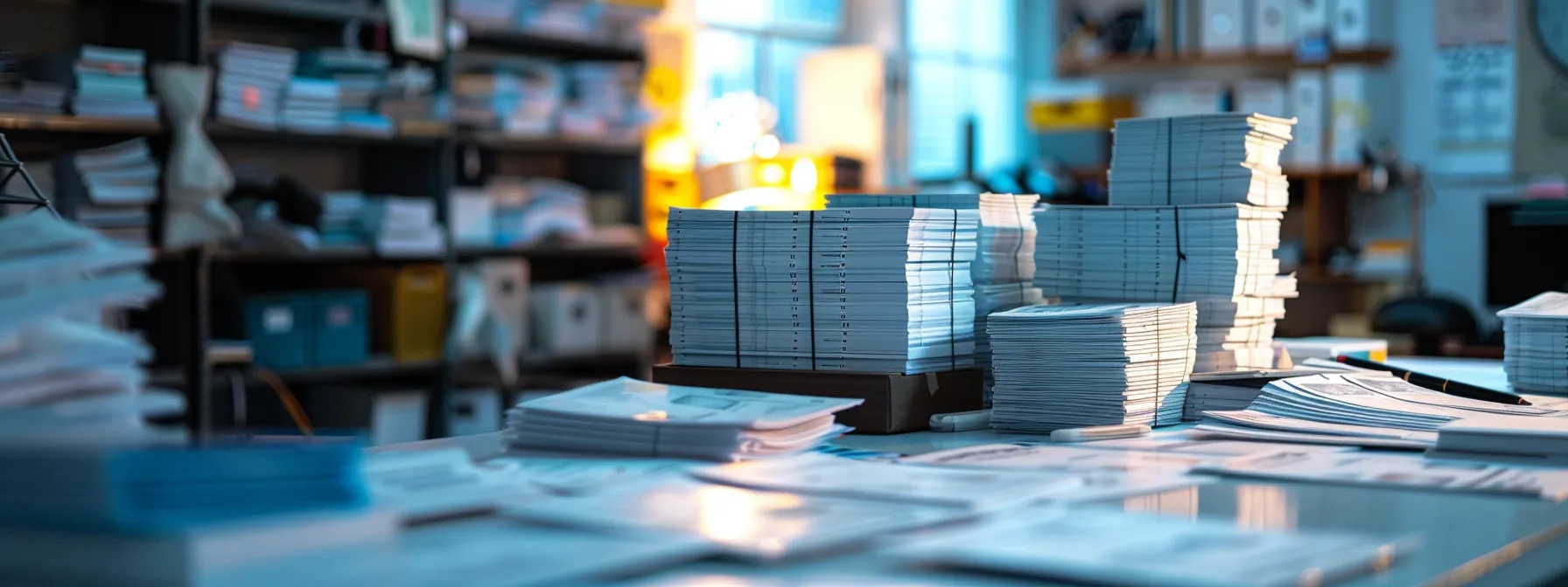 a vibrant workspace filled with neatly stacked personal and business cheques, illuminated by soft natural light, emphasizes the organized chaos of financial management.