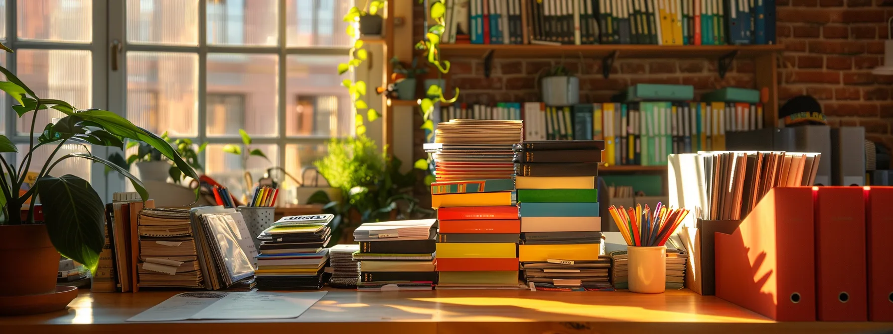 a vibrant workspace is elegantly arranged with an array of colorful business and personal cheques, all meticulously stacked and illuminated by soft, natural light streaming through a nearby window.