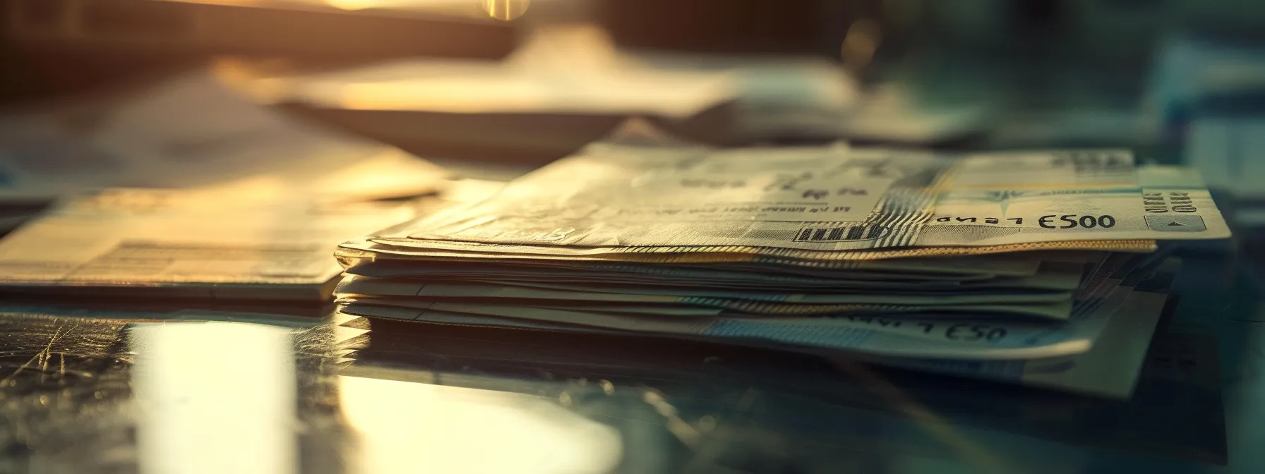 a visually arresting close-up of a stack of meticulously arranged business and personal cheques, showcasing intricate designs and textures on a sleek, polished surface under soft, diffused lighting.