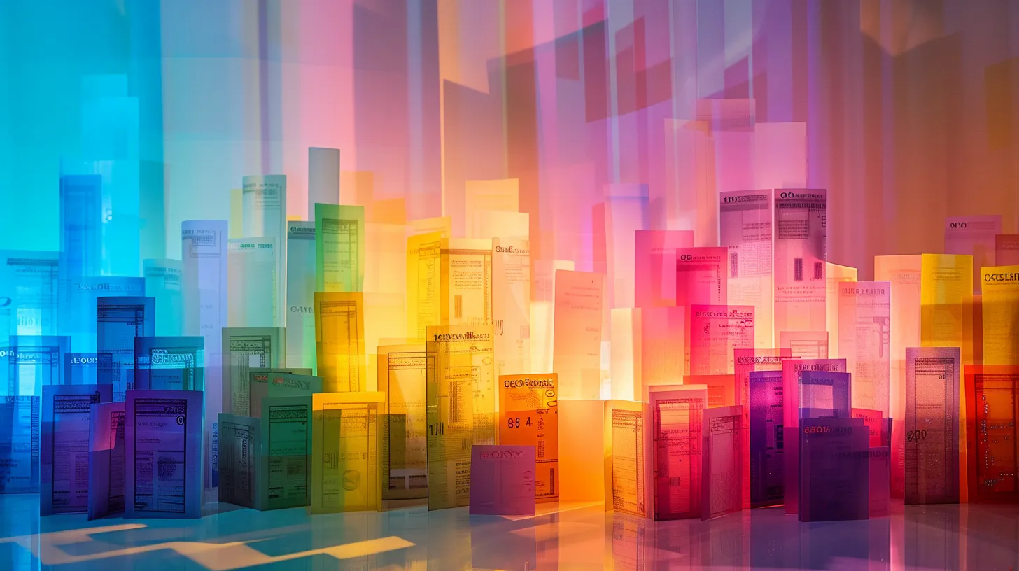 a visually arresting display of elegantly stacked business and personal cheques, showcasing their vibrant colors and intricate designs against a minimalist backdrop, illuminated by soft natural light to highlight their textures.
