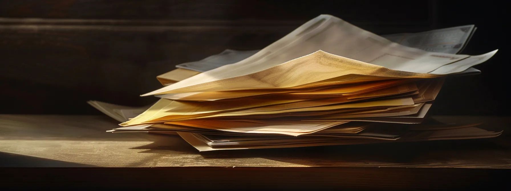 a visually captivating arrangement of elegantly stacked business and personal cheques, illuminated by soft, diffused lighting that enhances the luxurious texture of the paper against a rich, dark background.