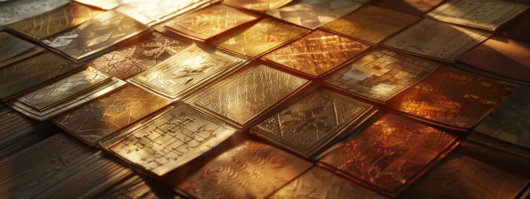 a visually captivating arrangement of various cheques elegantly displayed on a polished wooden surface, showcasing intricate designs and diverse colors, illuminated by soft, diffused lighting to emphasize their textures and details.