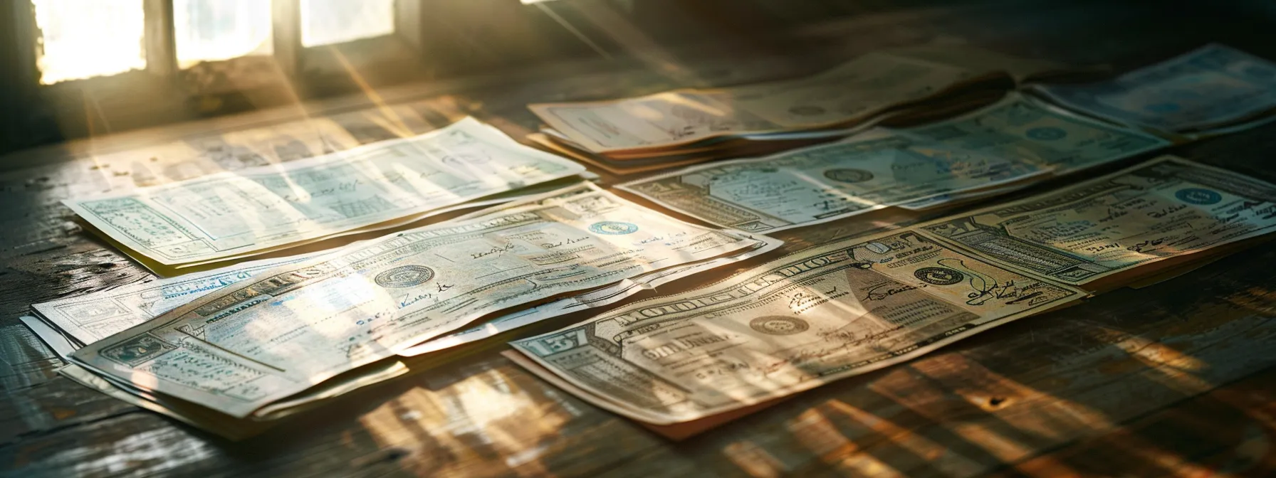 a visually captivating arrangement of diverse cheques prominently displayed against a polished wooden surface, showcasing the intricate designs and textures that represent both business and personal financial transactions, illuminated by soft, natural light to enhance their details.