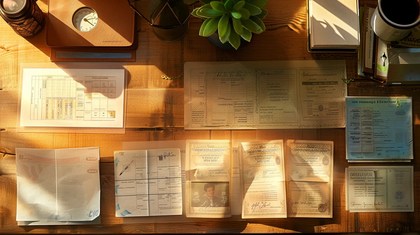 a visually captivating arrangement of various cheque types, including business and personal cheques, displayed on a polished wooden desk under warm, soft lighting that highlights their intricate designs and textures.