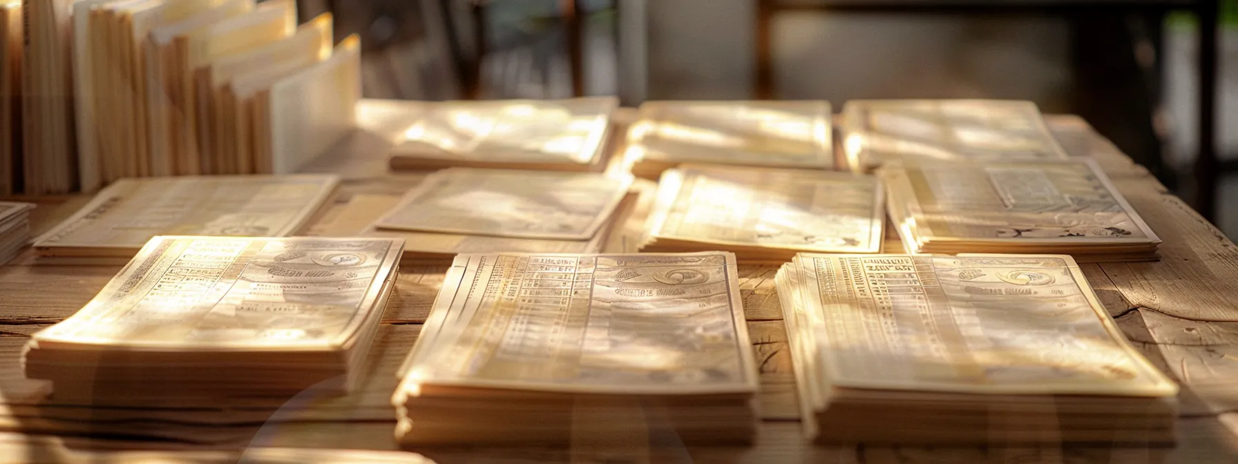 a visually striking and clear scene of an organized array of elegant cheques displayed on a smooth wooden desk, with soft, diffused lighting highlighting their intricate designs and textures.