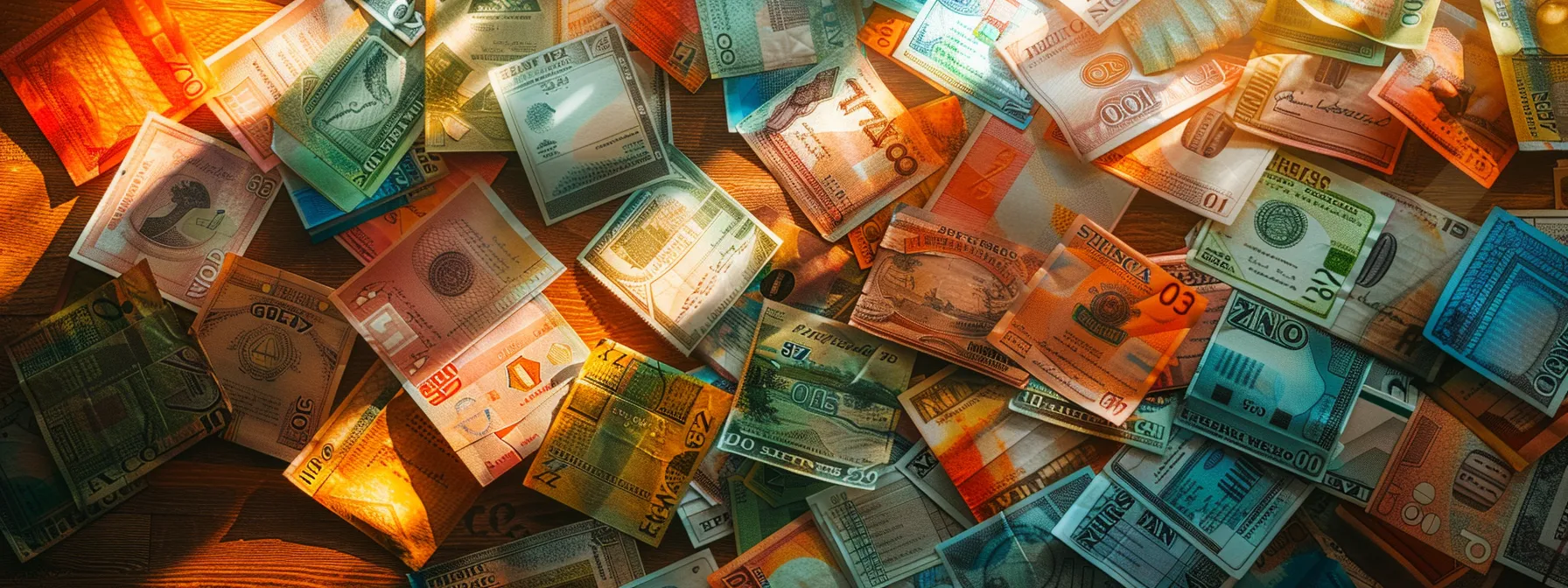 a visually striking arrangement of vibrant, colorful business and personal cheques spread across a polished wooden desk, illuminated by soft, warm lighting that enhances their intricate designs and textures.