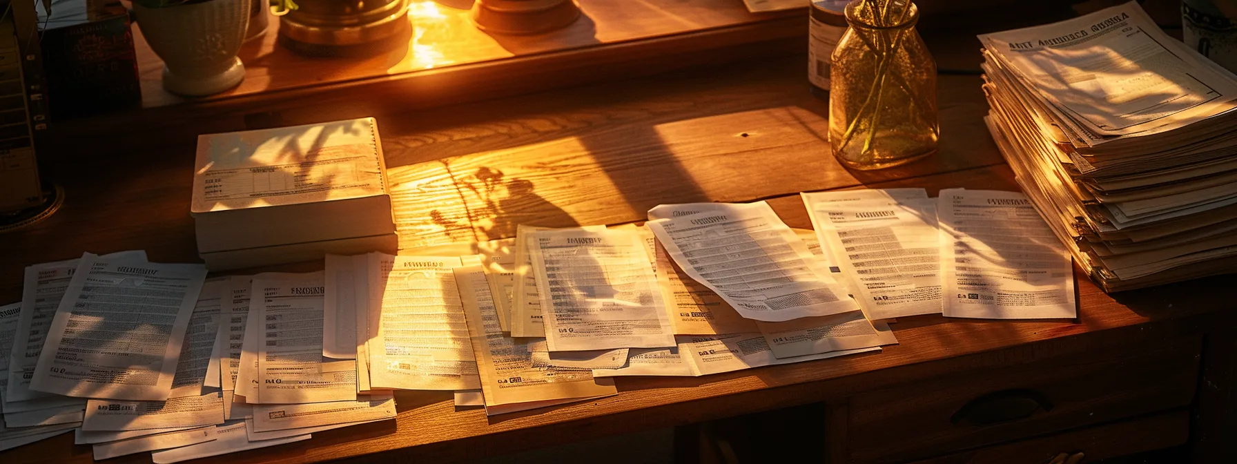 a visually striking arrangement of diverse cheques sprawled across a polished wooden desk, illuminated by soft, warm lighting, highlighting their unique designs and textures against the rich backdrop.