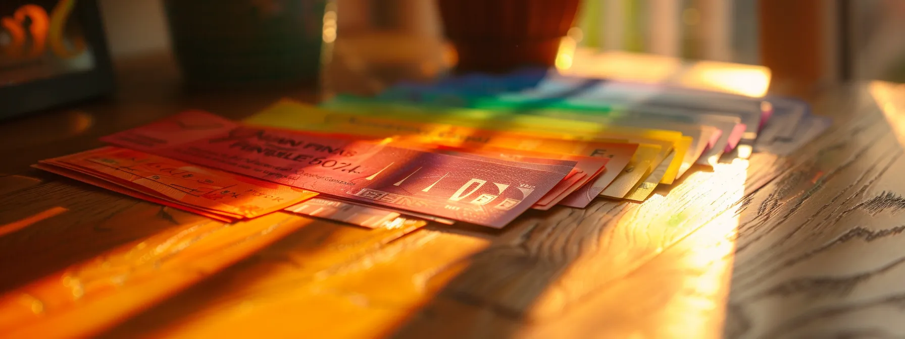 a visually striking arrangement of colorful business cheques and personal cheques elegantly fanned out on a polished wooden desk, illuminated by soft, natural light, symbolizing clarity and informed decision-making in financial practices.