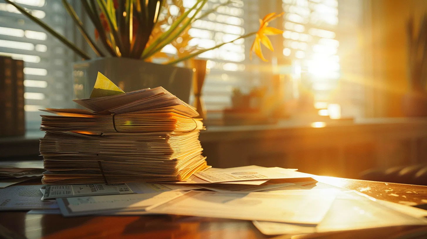 a visually striking arrangement of vibrant business and personal cheques, neatly stacked with a soft-focus office backdrop, illuminated by warm natural light, embodies the theme of financial professionalism and trust.