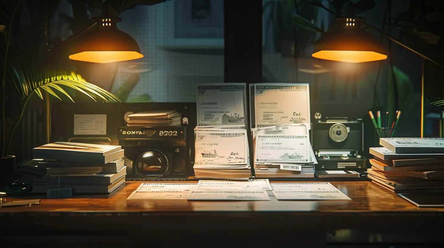 a visually striking arrangement of various cheque types, including business, personal, and manual cheques, elegantly stacked atop a polished wooden desk, illuminated by soft, diffuse lighting that highlights their intricate patterns and textures.