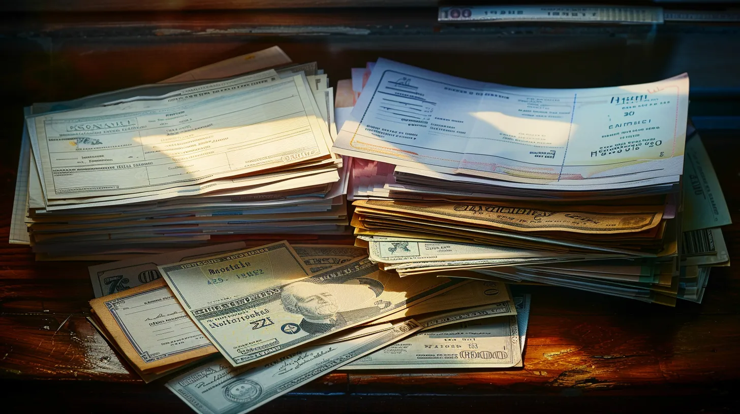 a visually striking arrangement of various cheques—business, personal, and manual—layered on an elegant wooden desk, illuminated by soft morning light that highlights the intricate designs and textures of each cheque.