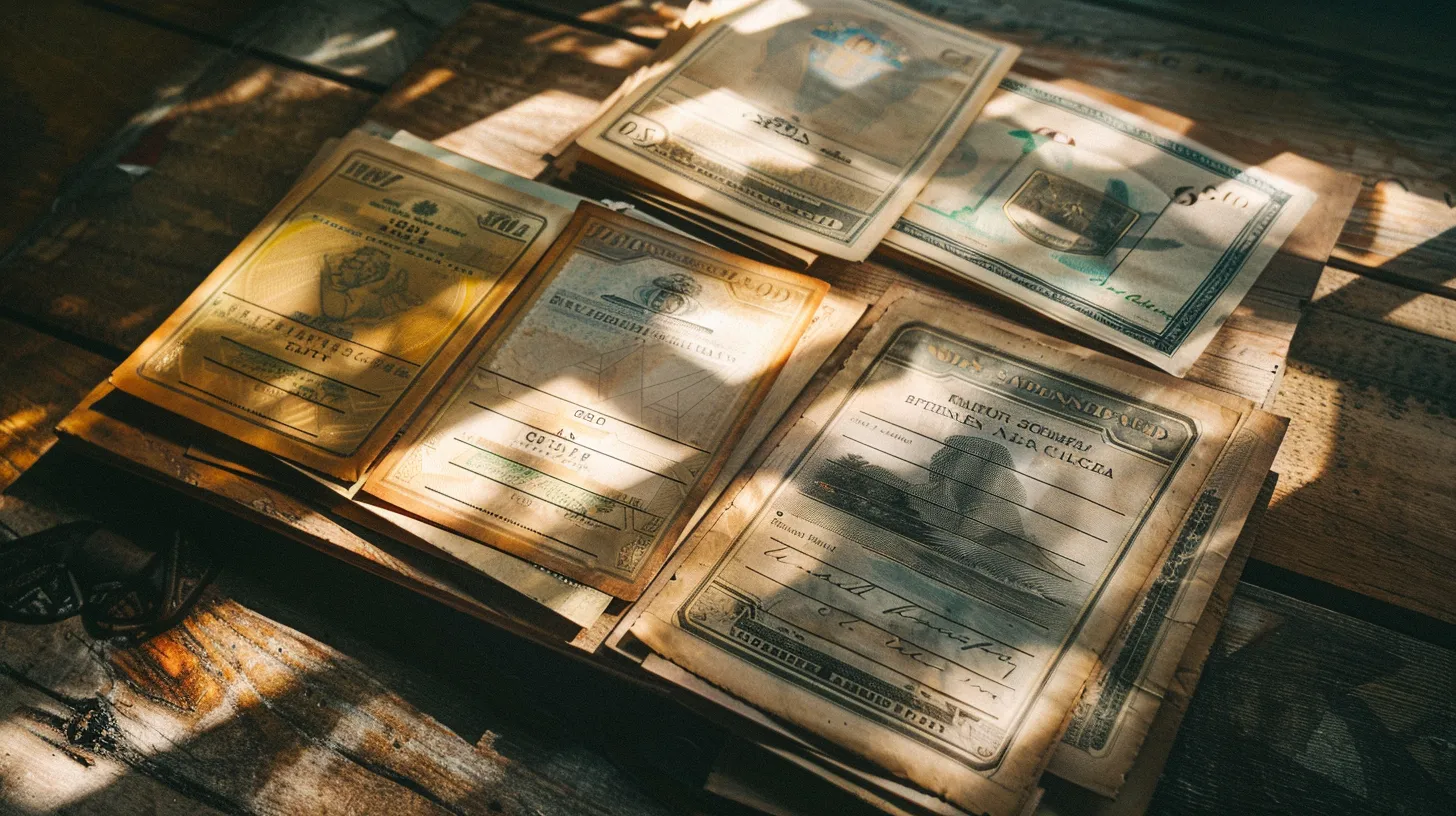 a visually striking arrangement of business and personal cheques elegantly layered on a polished wooden surface, illuminated by soft, diffused lighting that enhances their intricate designs and textures.