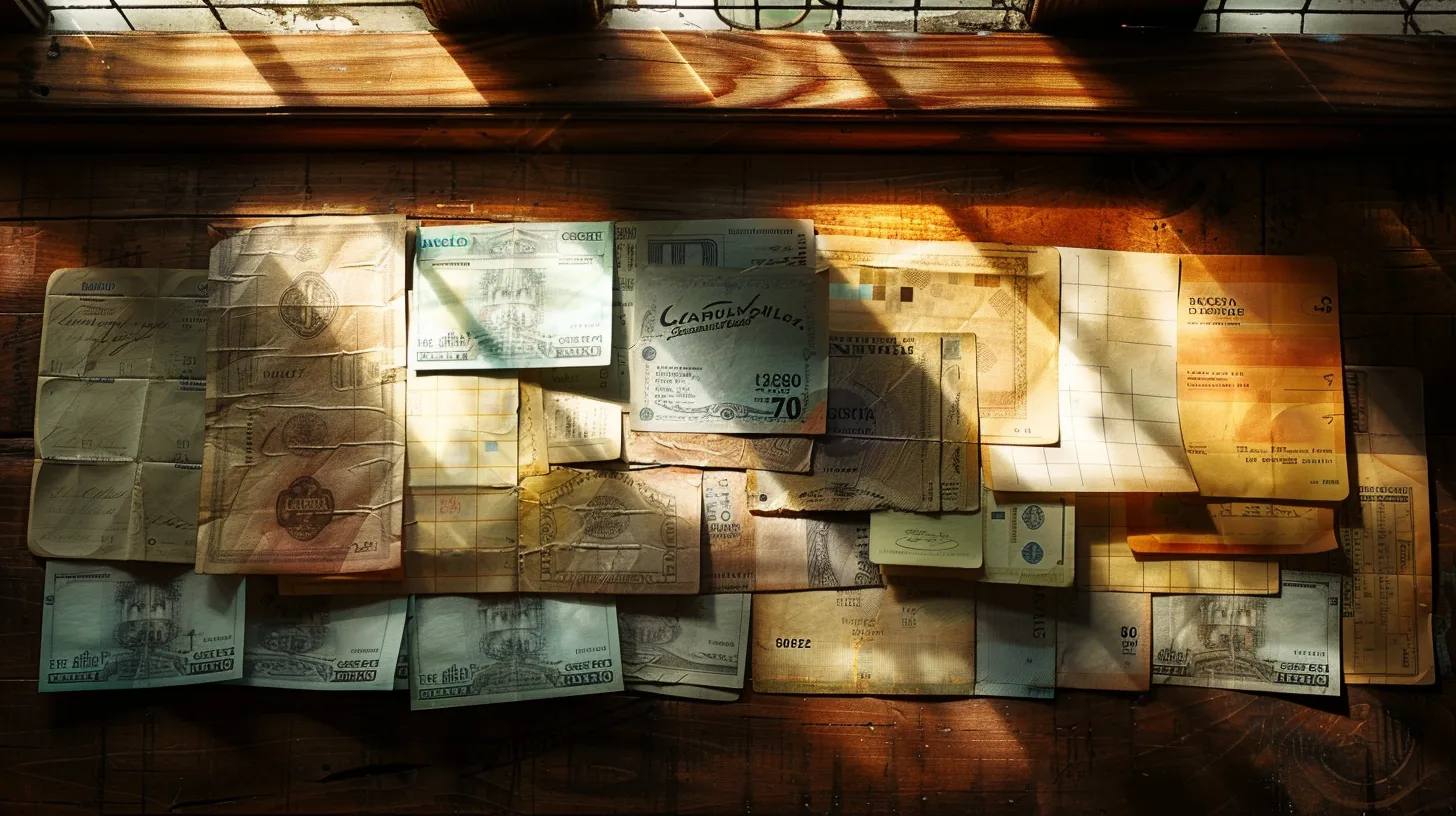 a visually striking arrangement of various types of cheques—business, personal, and manual—artfully displayed on a polished wooden surface, illuminated by soft, natural light to highlight their distinct designs and textures.