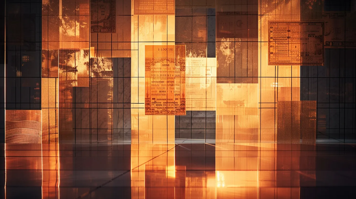 a visually striking arrangement of business and personal cheques displayed against a sleek, reflective surface, illuminated by soft, warm lighting that highlights their intricate designs and textures.