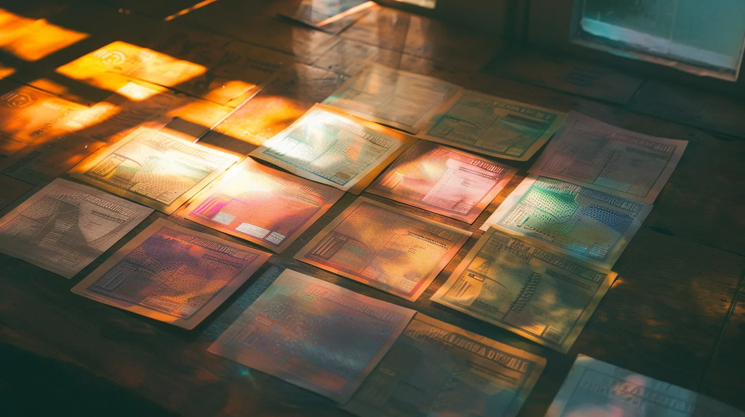 a visually striking arrangement of colorful business and personal cheques elegantly laid out on a polished wooden desk, illuminated by soft, diffused natural light that highlights their intricate designs and textures.