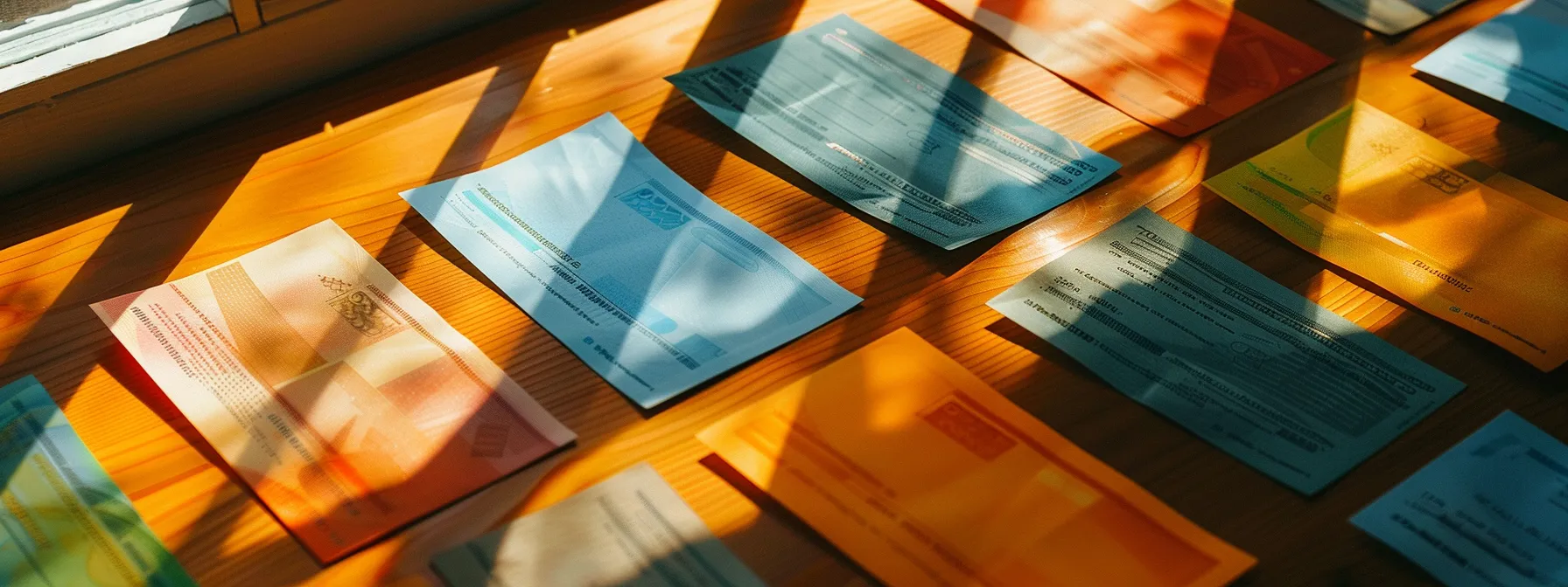 a visually striking arrangement of vibrant business and personal cheques, each meticulously laid out on a polished wooden desk, with soft natural light filtering in from a nearby window, casting gentle shadows and highlighting the intricate designs.
