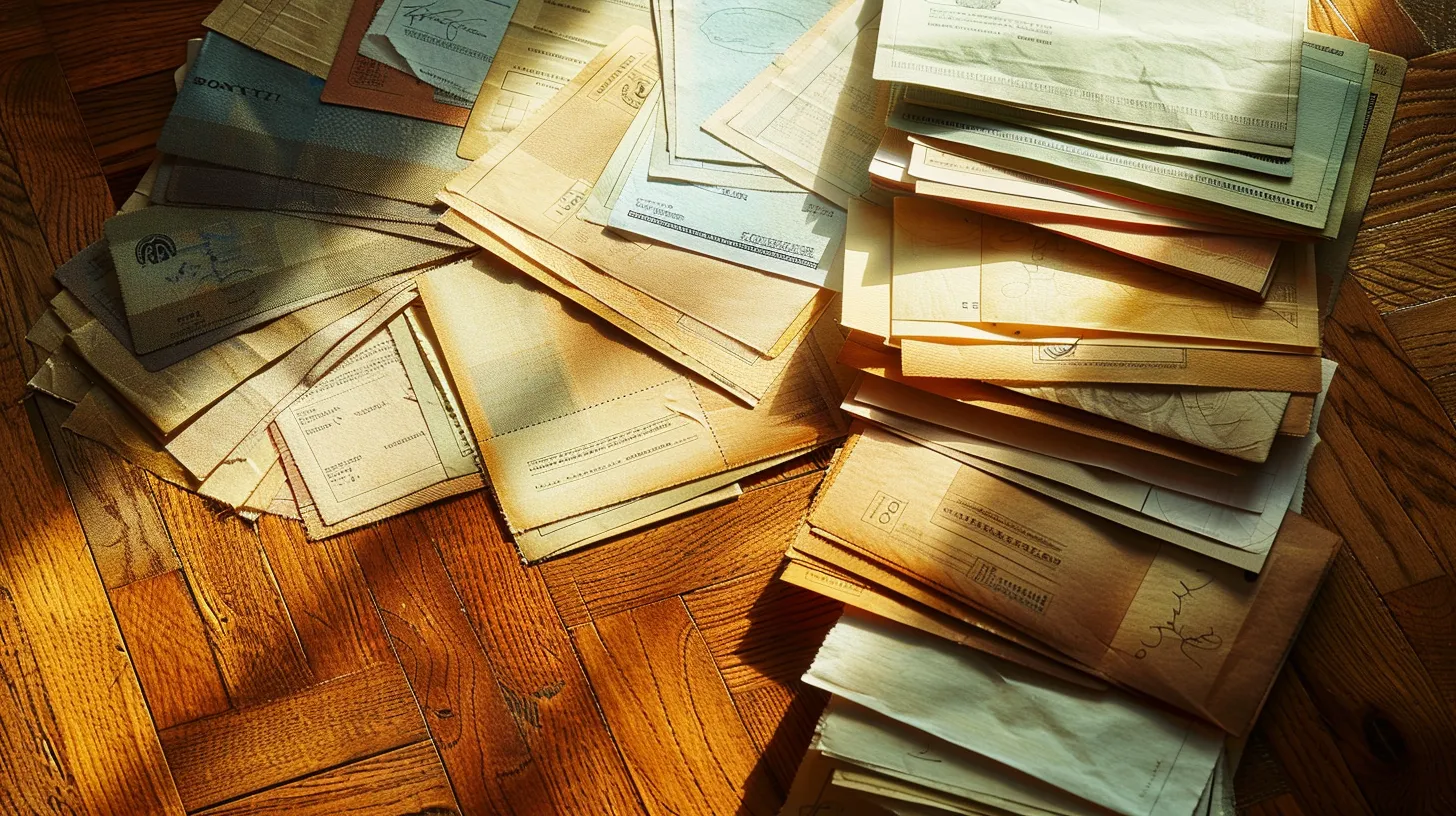 a visually striking arrangement of diverse cheques—business, personal, and manual—spread elegantly across a polished wooden table, each featuring distinct colors and textures that evoke a sense of financial security and professionalism.