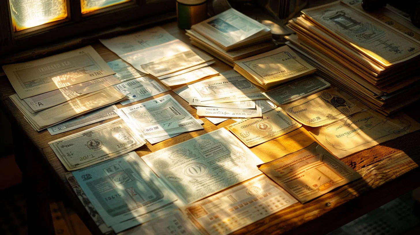 a visually striking arrangement of various cheques—business, personal, and manual—laid out on a polished wooden desk, softly illuminated by natural light streaming through a nearby window, highlighting their intricate designs and textures.