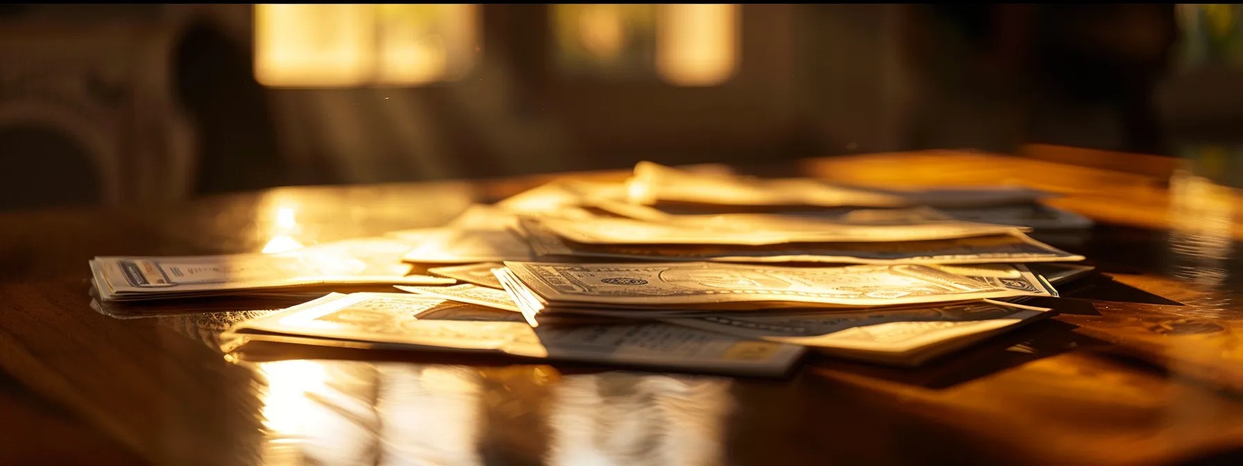 a visually striking arrangement of elegant business and personal cheques, beautifully displayed on a polished wooden table, illuminated by soft, warm light that enhances their intricate designs and textures.