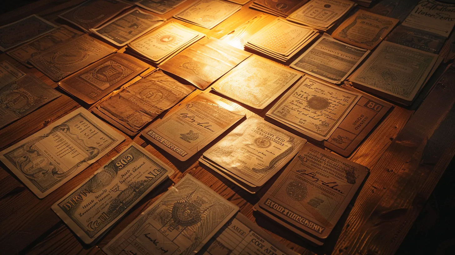 a visually striking arrangement of various business and personal cheques, elegantly displayed on a polished wooden surface, illuminated by soft, warm lighting that highlights their intricate designs and textures.