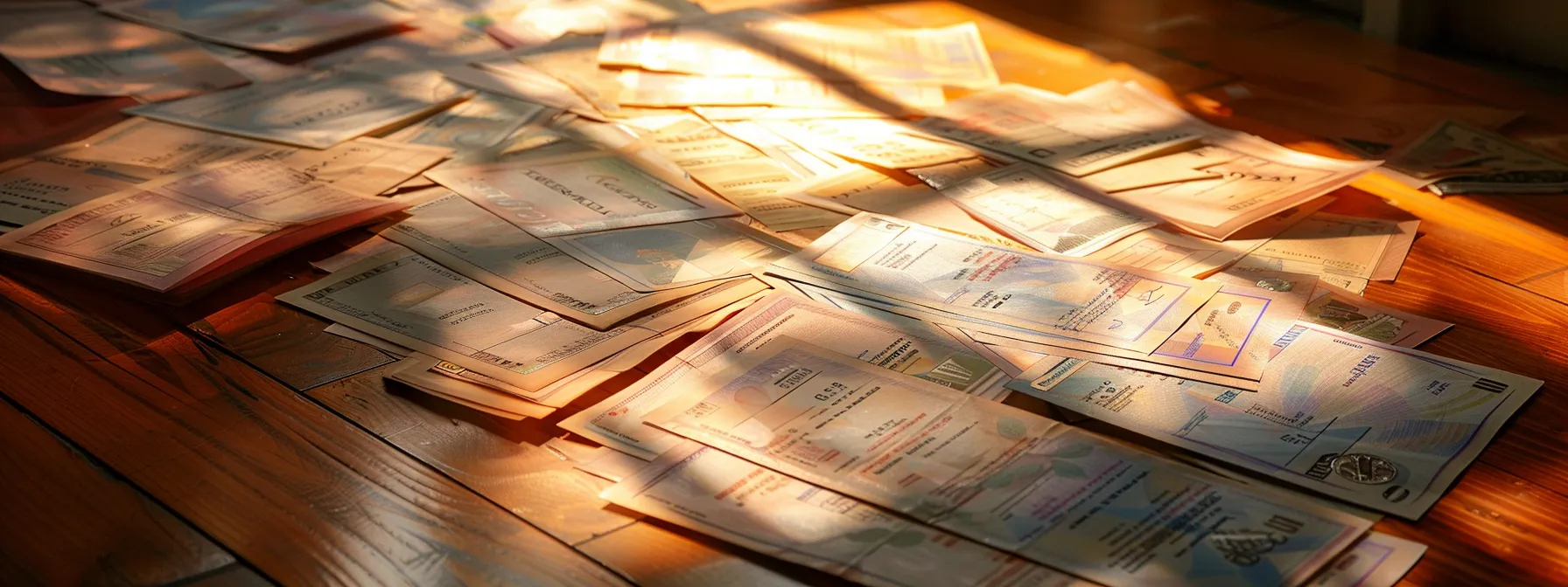 a visually striking close-up of a diverse array of business and personal cheques scattered across a polished wooden desk, illuminated by soft, warm lighting that highlights discrepancies in print quality and design.