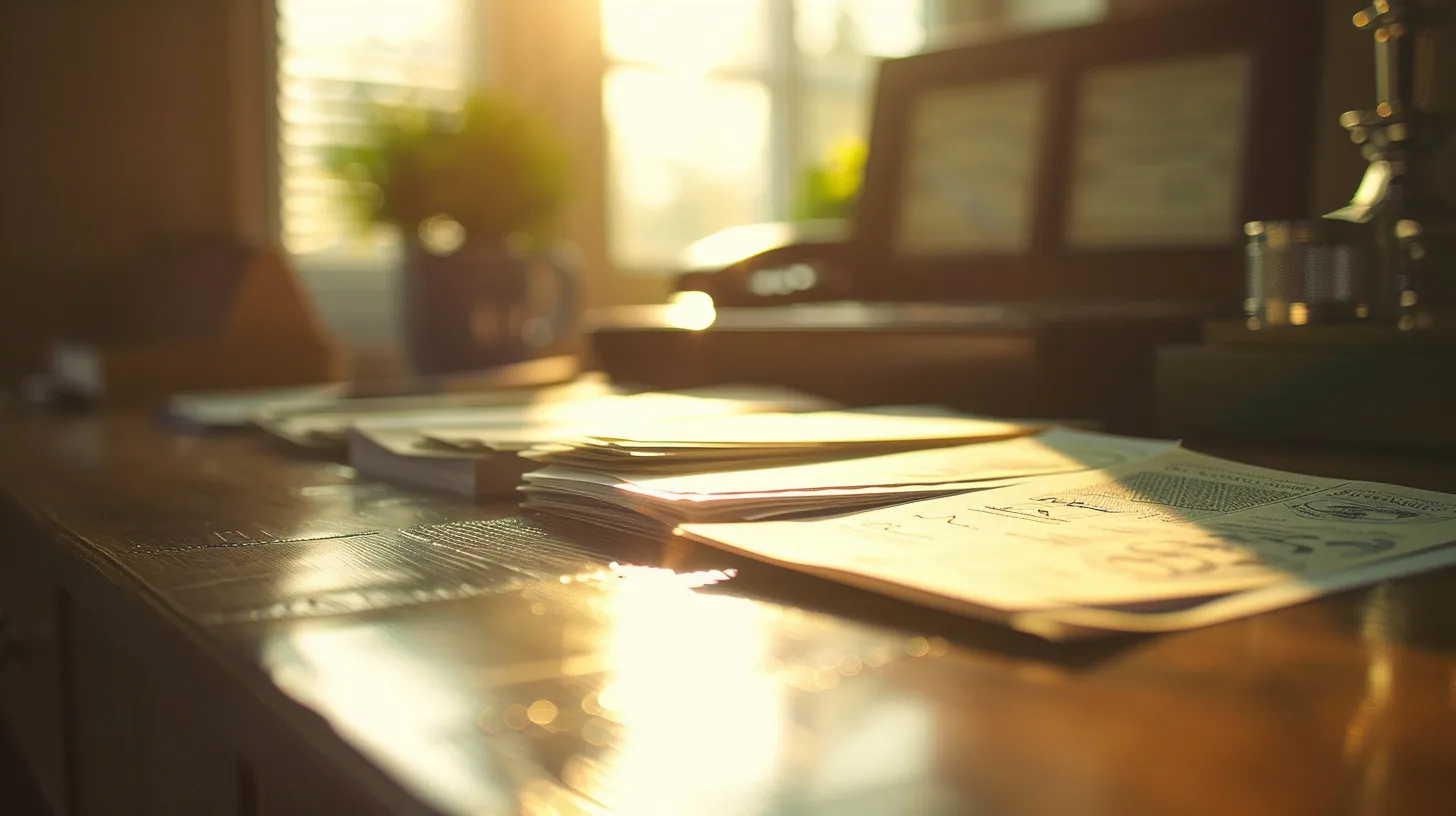 a visually striking close-up of elegant business and personal cheques arranged artfully on a polished wooden desk, illuminated by soft, natural light filtering through a nearby window.