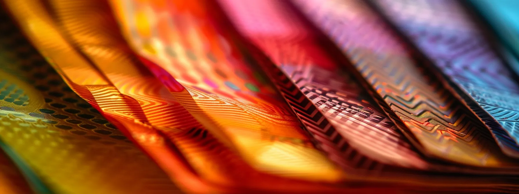 a visually striking close-up of a vibrant stack of business and personal cheques, each uniquely designed with intricate patterns and bold colors, set against a softly blurred background that highlights their glossy textures.