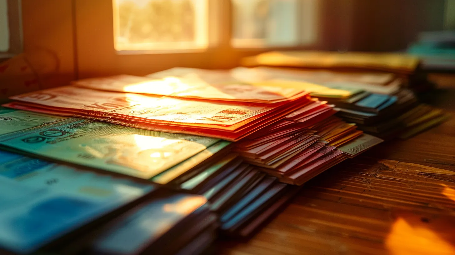 a visually striking close-up of a pristine stack of colorful personal and business cheques elegantly arranged on a polished wooden desk, illuminated by soft, natural light that highlights their intricate designs and textures.