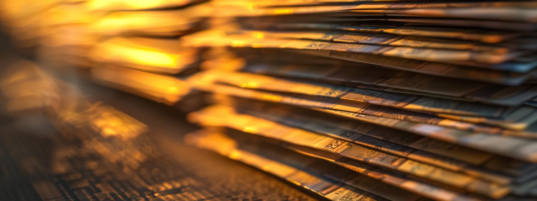 a visually striking close-up of a neatly stacked array of business and personal cheques, elegantly illuminated under soft, warm lighting, emphasizing the meticulous organization of a streamlined order-to-delivery process.