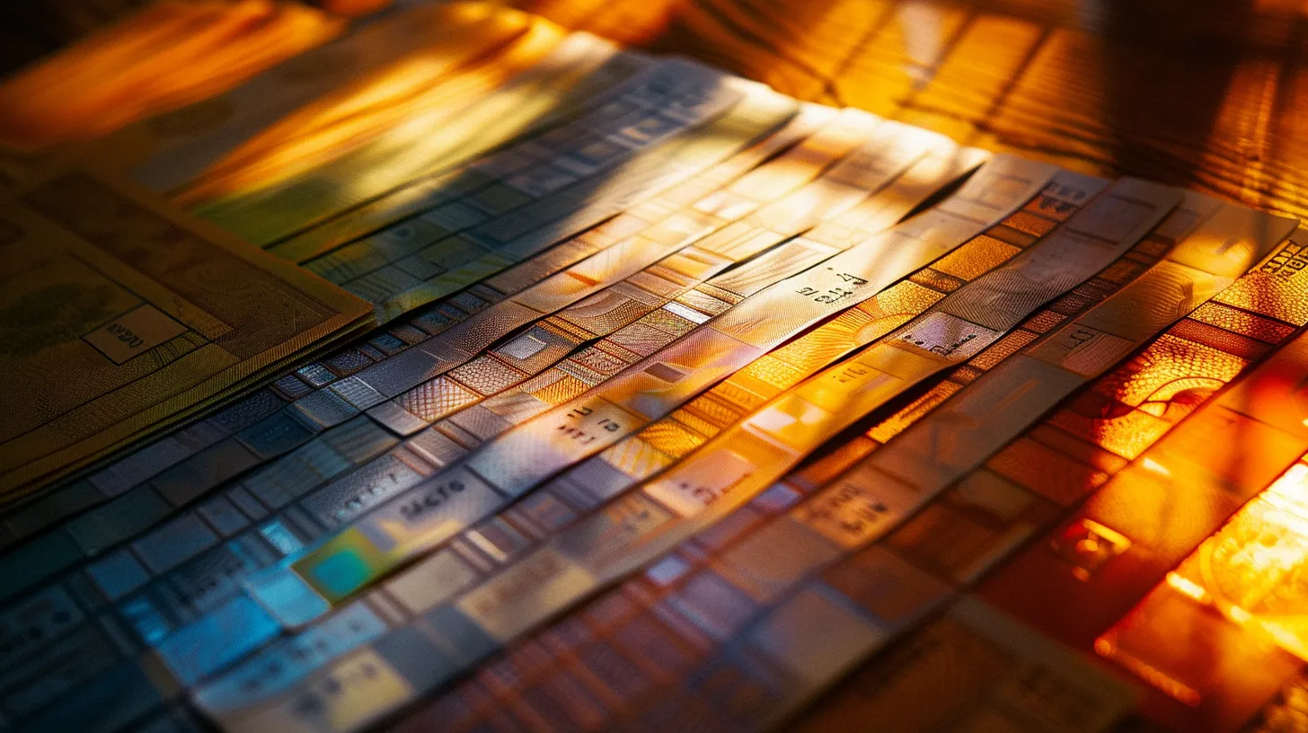 a visually striking close-up of an array of elegant business and personal cheques, each showcasing distinct, intricate designs and vibrant colors, arranged neatly on a polished wooden surface, illuminated by soft, warm lighting to enhance their textures and details.