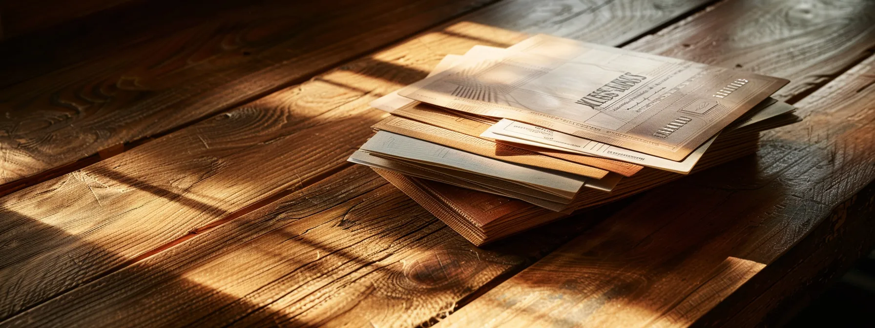 a visually striking composition of elegantly stacked personal and business cheques, highlighted under soft, diffused lighting, set against a sleek wooden surface that enhances their crisp designs and contrasting colors.