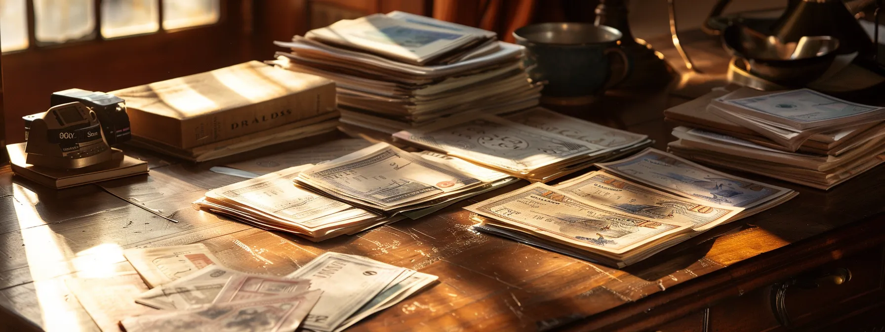 a visually striking composition featuring a collection of elegantly designed business and personal cheques arranged on a polished wooden desk, illuminated by soft natural light filtering through a nearby window.