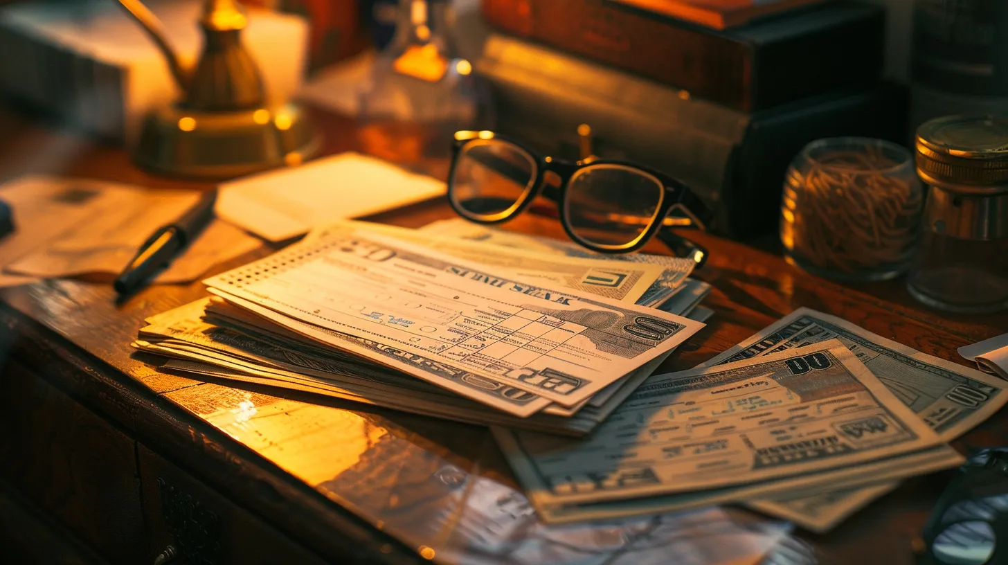a visually striking composition features an elegant display of various types of cheques—business, personal, and manual—artfully arranged on a polished wooden surface, illuminated by soft, natural light to highlight their intricate designs and textures.
