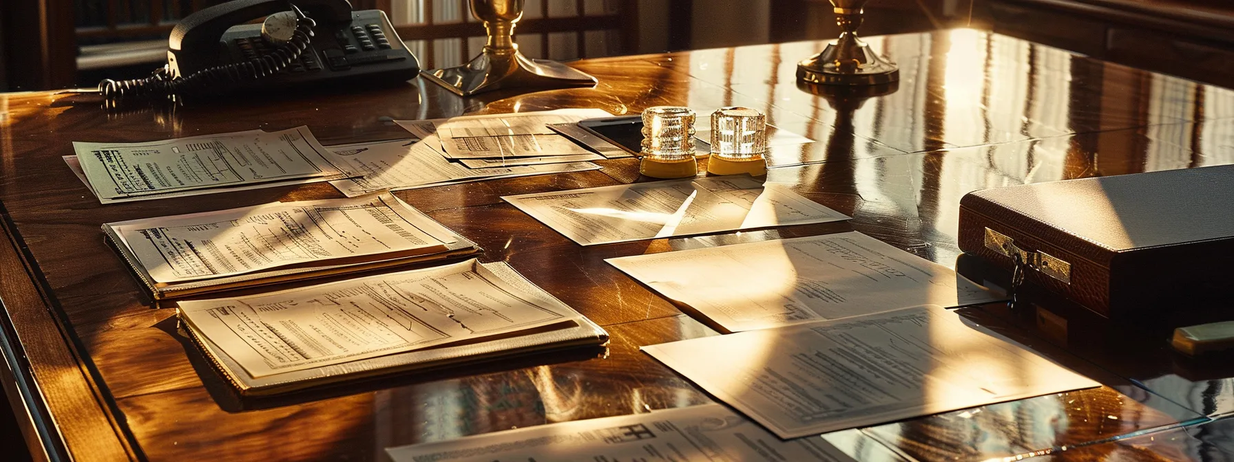 a visually striking composition of an elegant workspace featuring an array of business and personal cheques displayed on a polished wooden desk, bathed in soft, natural light that enhances their intricate designs and textures.