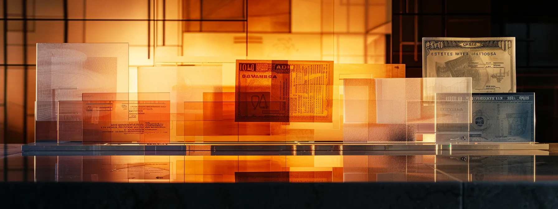 a visually striking composition of various business and personal cheques artfully arranged on a sleek, reflective surface, illuminated by soft, diffused lighting that highlights their intricate designs and textures.