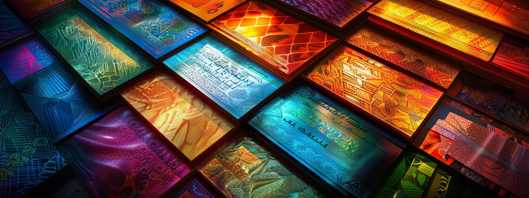 a visually striking composition of vibrant, stacked business and personal cheques, showcasing the tactile textures and intricate designs illuminated by soft, directional lighting that highlights their unique colors and patterns.