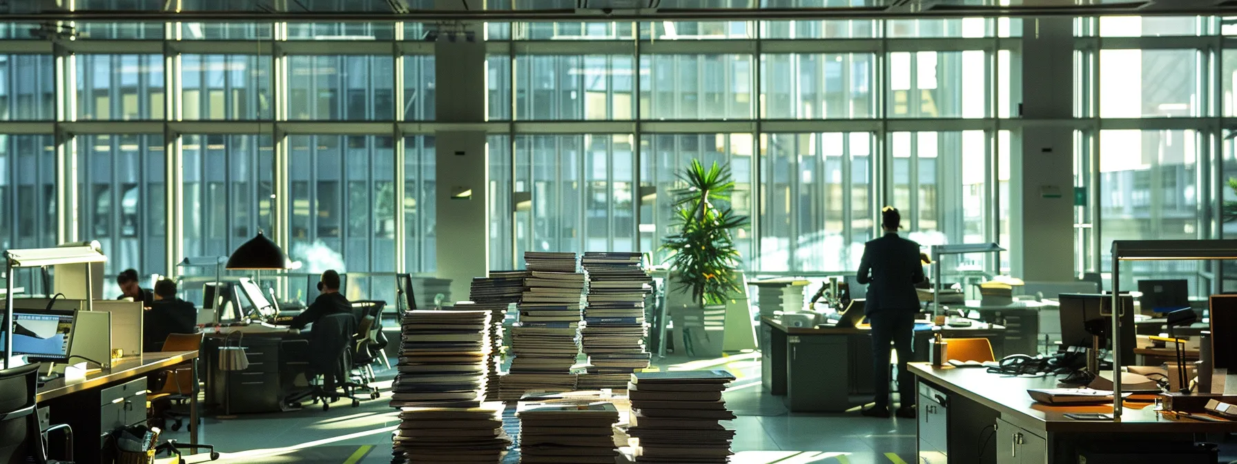 a visually striking image of a bustling office environment, showcasing a professional confidently choosing between stacks of online and traditional cheque options, illuminated by soft natural light streaming through large windows.