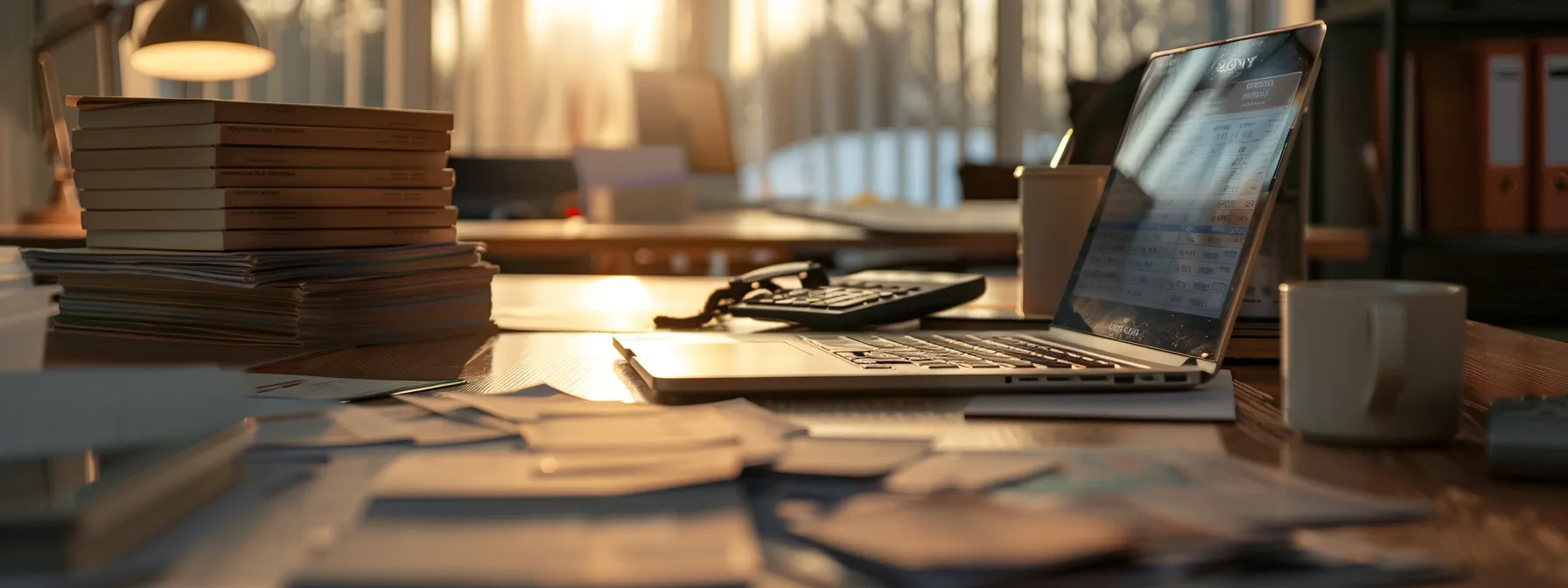 a visually striking image of a modern office desk showcasing an organized financial planning scene, featuring neatly stacked bulk business cheques, a sleek calculator, and a laptop with a budget spreadsheet open, illuminated by soft natural light pouring in from a nearby window.