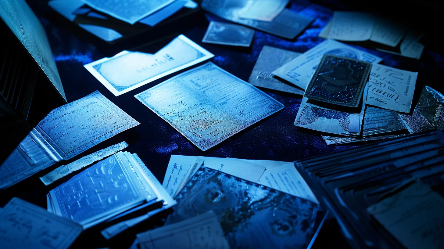 a visually striking scene capturing a collection of elegant business and personal cheques arranged artfully on a plush, deep-blue velvet surface, illuminated by soft, diffused lighting that enhances their intricate designs and textures.