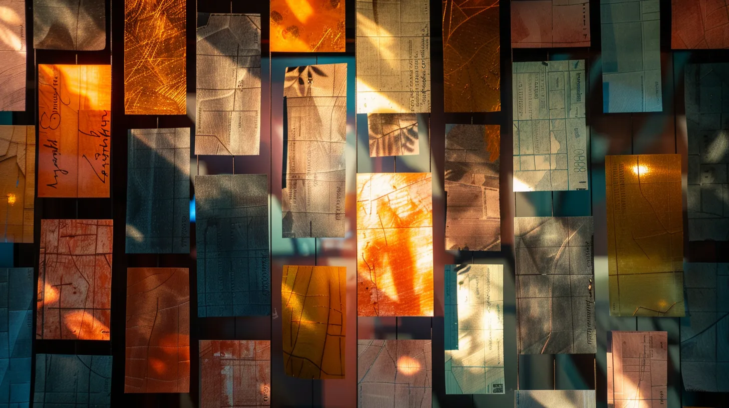 a visually striking scene of a meticulously arranged display featuring vibrant business and personal cheques, illuminated by soft, natural light that enhances their intricate designs and textures.