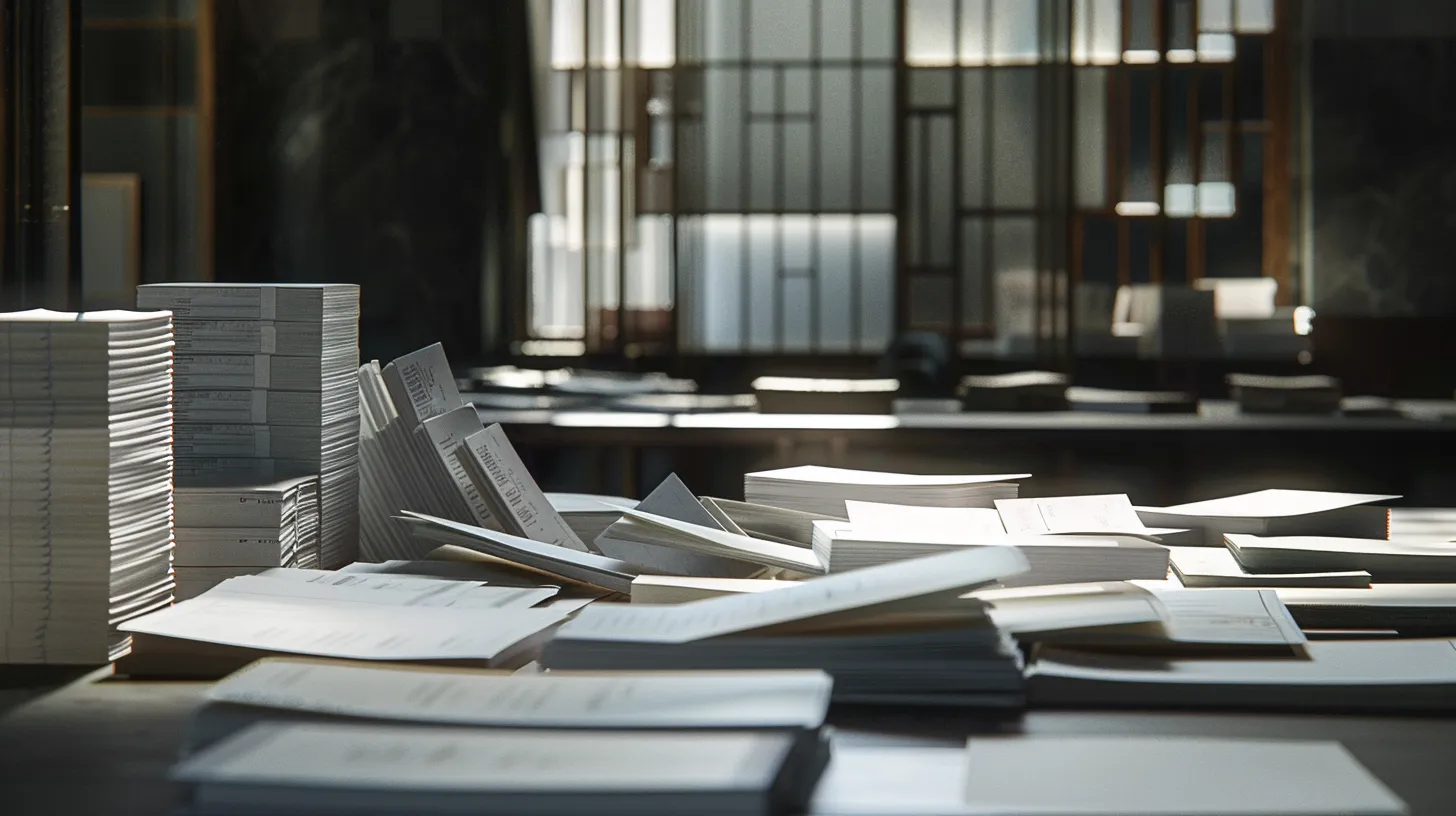 a visually striking scene showcases a collection of meticulously arranged business and personal cheques, their elegant designs reflecting soft, natural light that enhances the textures of the paper, evoking a sense of professionalism and trust.