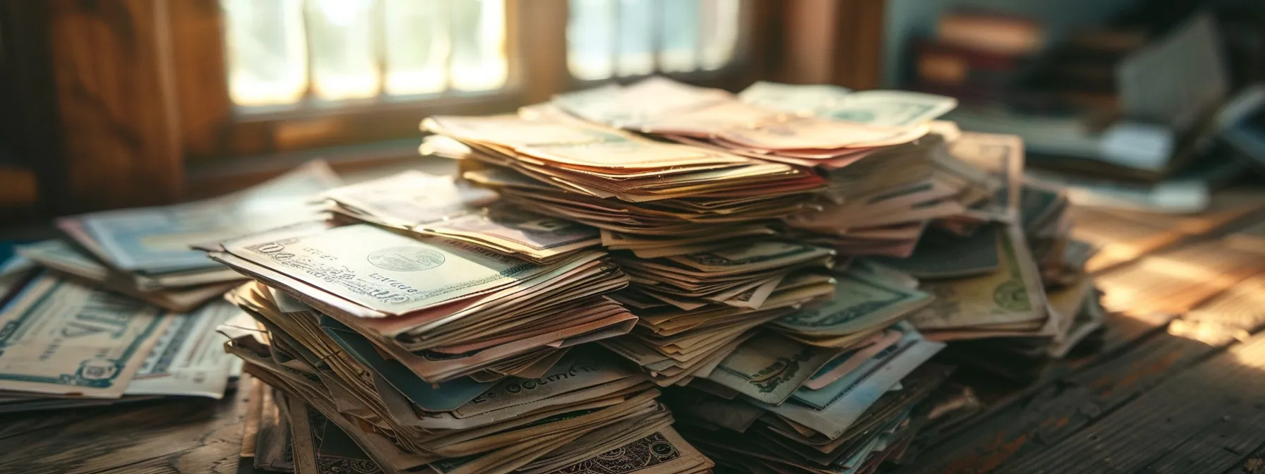 a visually striking tableau of elegantly stacked cheques, each distinct with unique designs and colors, set against a soft-focus wooden desk, bathed in warm, natural light that highlights their intricate details and textures.