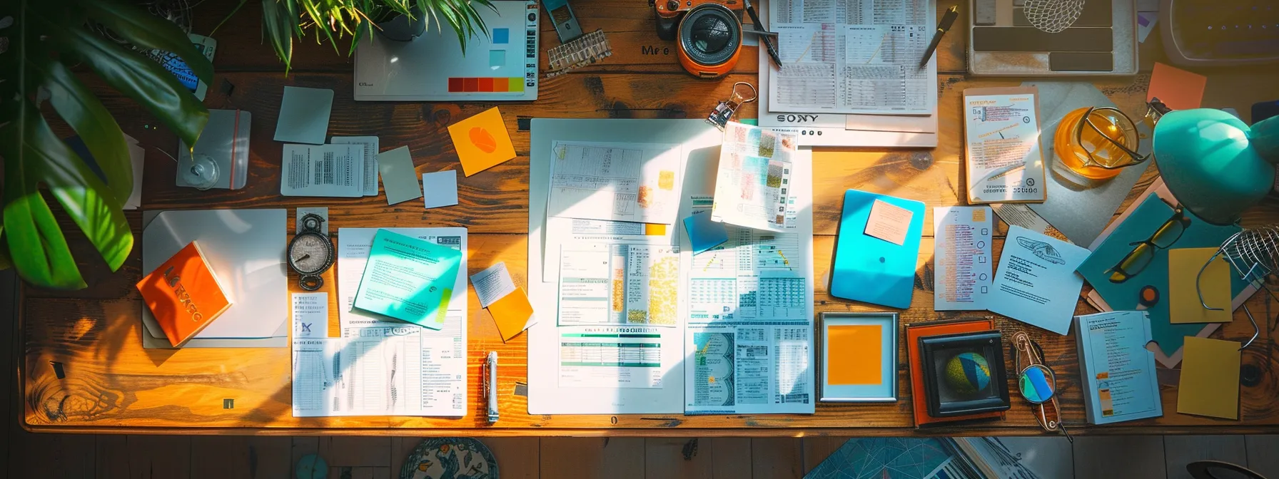a vivid and organized desk scene showcases an array of neatly arranged business and personal cheques with various colors and intricate designs, illuminated by soft, natural light.