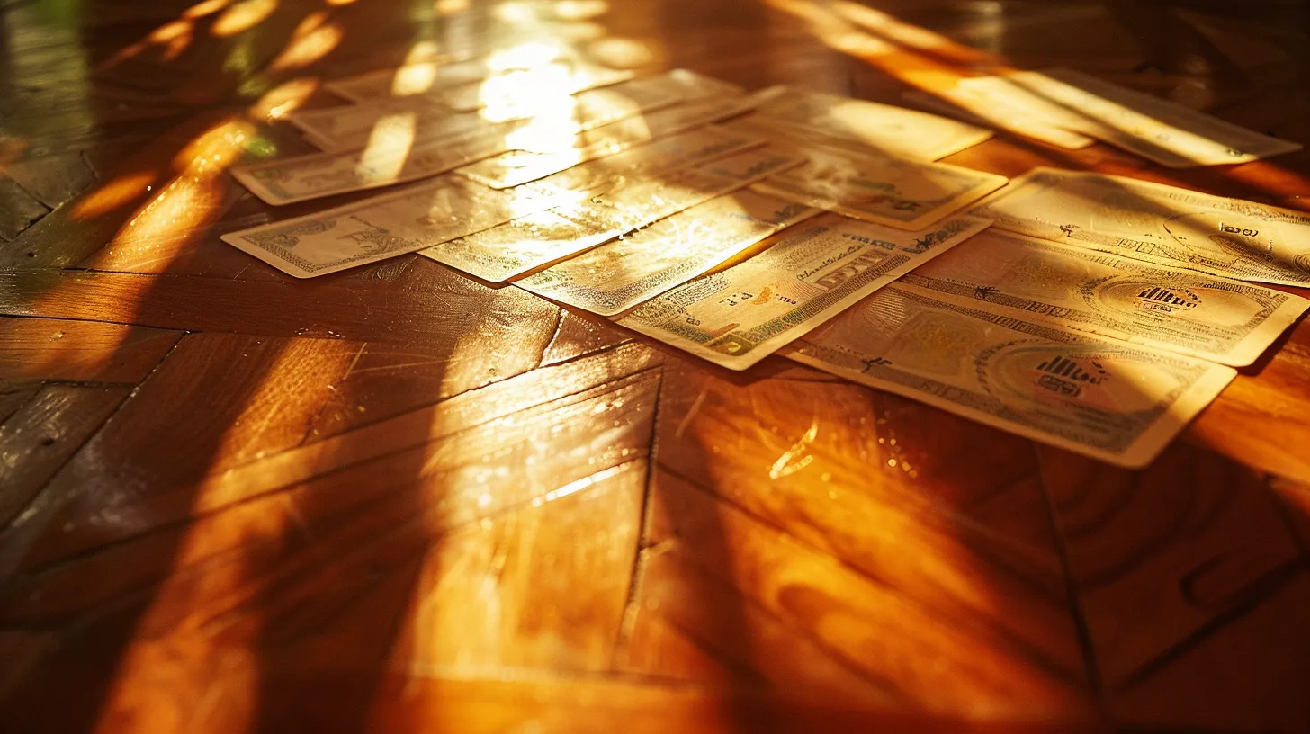 a vivid and sharply-focused scene captures an array of elegant cheques—business and personal alike—spread across a polished wooden surface, illuminated by soft, natural light that accentuates their intricate designs and textures.