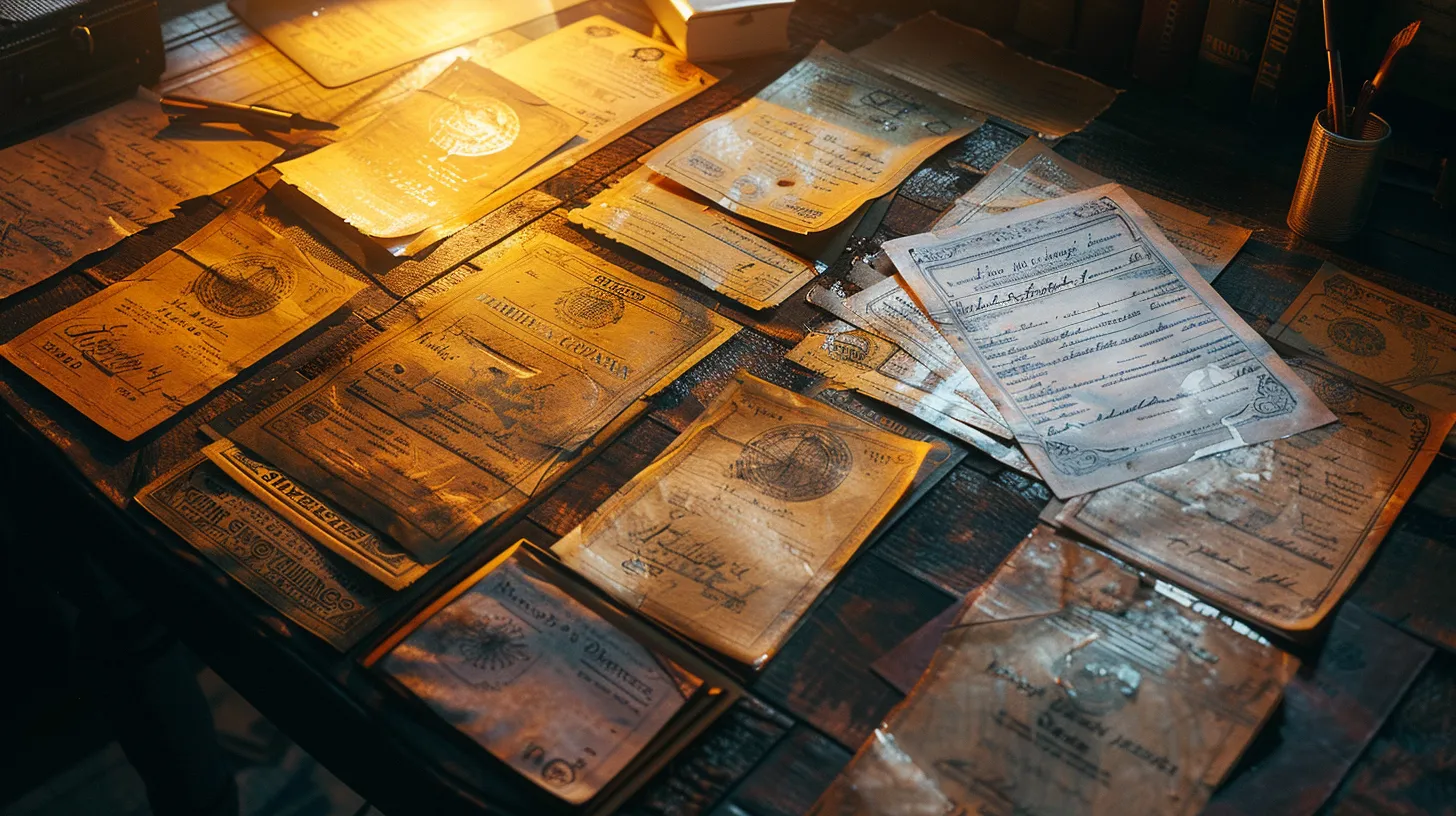 a vivid composition features an array of elegant business and personal cheques laid out on a polished wooden desk, illuminated by soft, warm lighting that highlights their intricate designs and professional aesthetics.