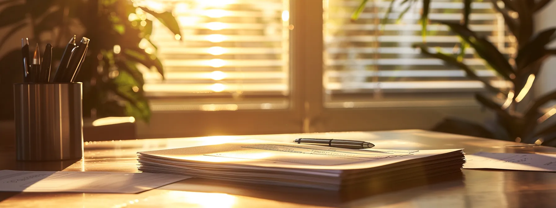 an elegant, softly lit office space showcases a pristine stack of manual business cheques, with a sleek pen poised beside them, exuding professionalism and attention to detail.