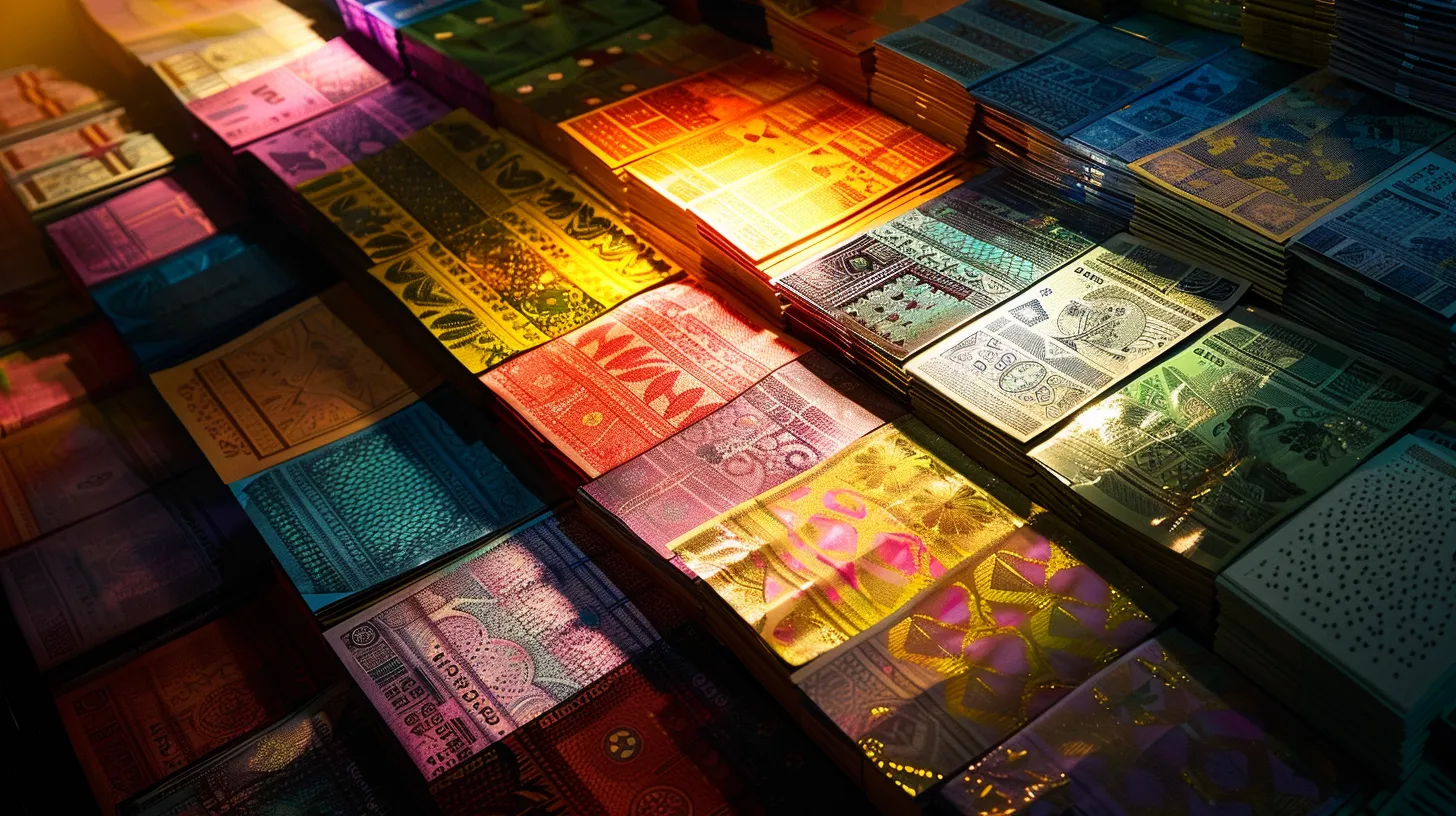 a meticulously arranged display of various vibrant cheques, showcasing the contrast between business and personal styles, elegantly illuminated under soft natural light to highlight their intricate designs and textures.